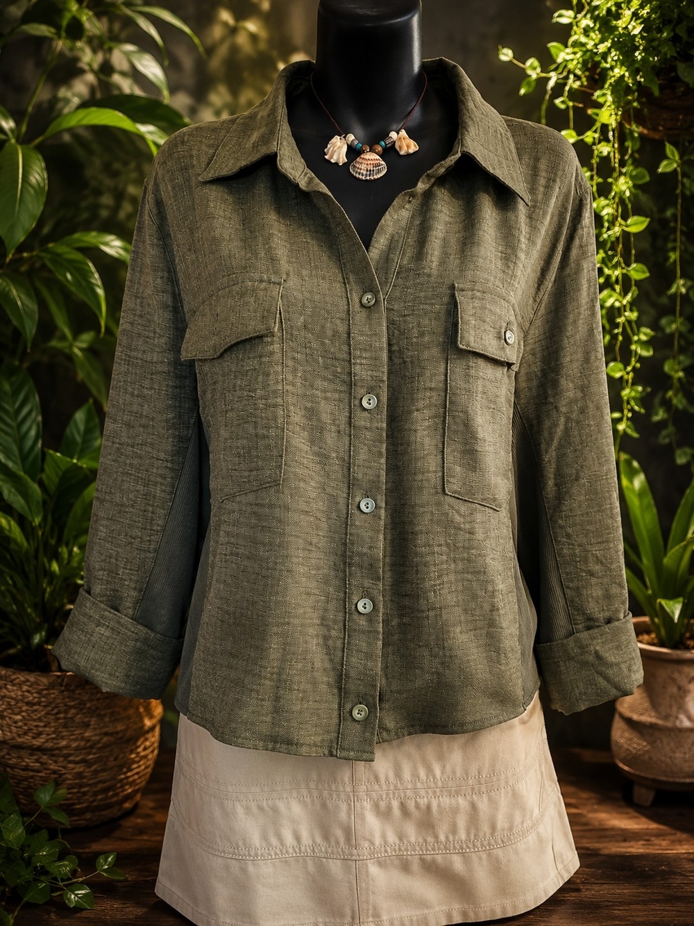 Casual Olive Green Button-Up Shirt